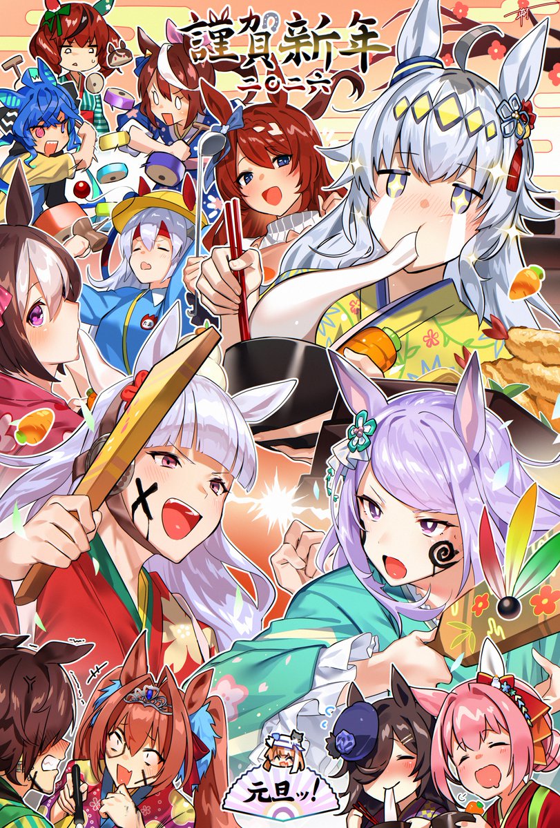 +_+, 0_0, 2026, 6+girls, :d, ahoge, akikawa_yayoi's_cat, akikawa_yayoi_(umamusume)