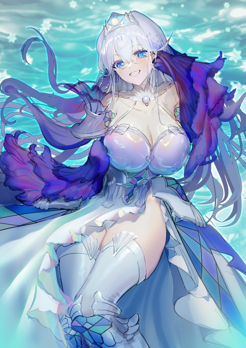 1girl, absurdres, blue_eyes, breasts, chest_jewel, cleavage, commentary_request, cowboy_shot, detached_sleeves, dress, duel_monster, eyelashes, grey_dress, grey_hair, highres, kitkallos_(yu-gi-oh!), large_breasts, long_hair, parted_lips, purple_dress, purple_sleeves, smile, solo, strapless, strapless_dress, tearlaments_kitkallos, tiara, xunfengbeng, yu-gi-oh!