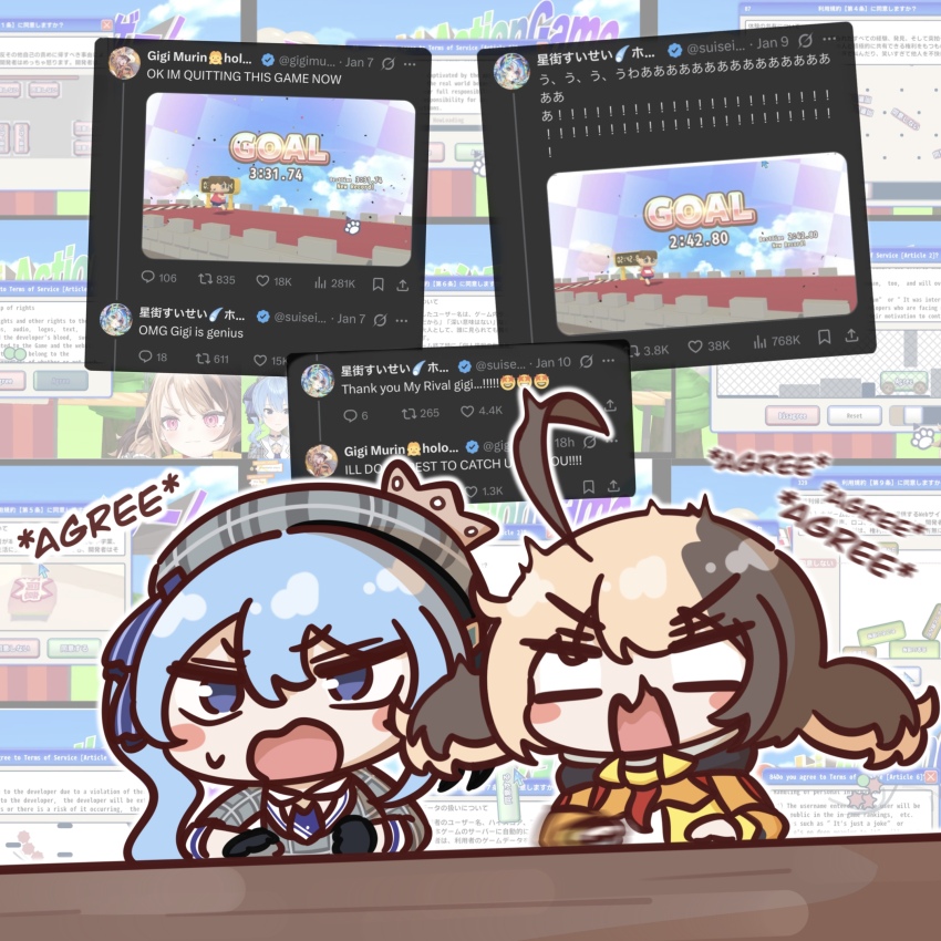 2girls, absurdres, agreeee, ahoge, blonde_hair, blue_eyes, blue_hair, blush