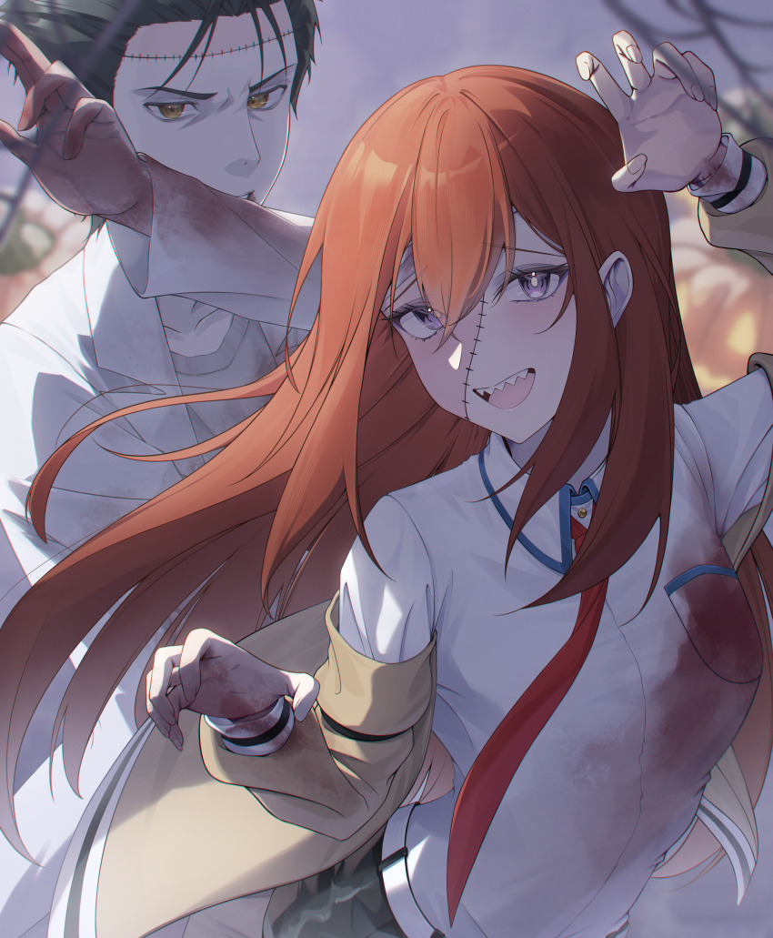 1boy, 1girl, absurdres, arm_belt, bangs_pinned_back, black_hair, black_shorts, blood, blood_on_clothes, blood_on_hands, blue_frills, brown_jacket, choppy_bangs, claw_pose, commentary, english_commentary, hair_between_eyes, halloween, highres, jacket, lab_coat, long_hair, looking_at_viewer, makise_kurisu, mashuretsu, necktie, okabe_rintarou, open_mouth, original, purple_eyes, red_hair, red_necktie, science_adventure, scientist, sharp_teeth, shirt, short_hair, shorts, solo, steins;gate, teeth, white_shirt, yellow_eyes, zombie, zombie_costume