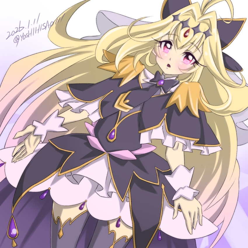 1girl, antenna_hair, black_bow, black_capelet, blonde_hair, bow, capelet, commentary_request