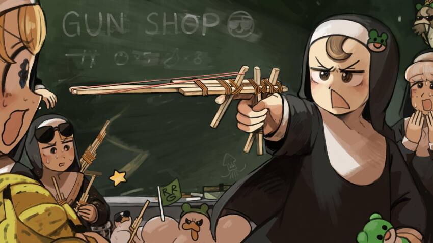 4girls, banana, bird, blonde_hair, blue_eyes, brown_eyes, brown_hair, chalkboard