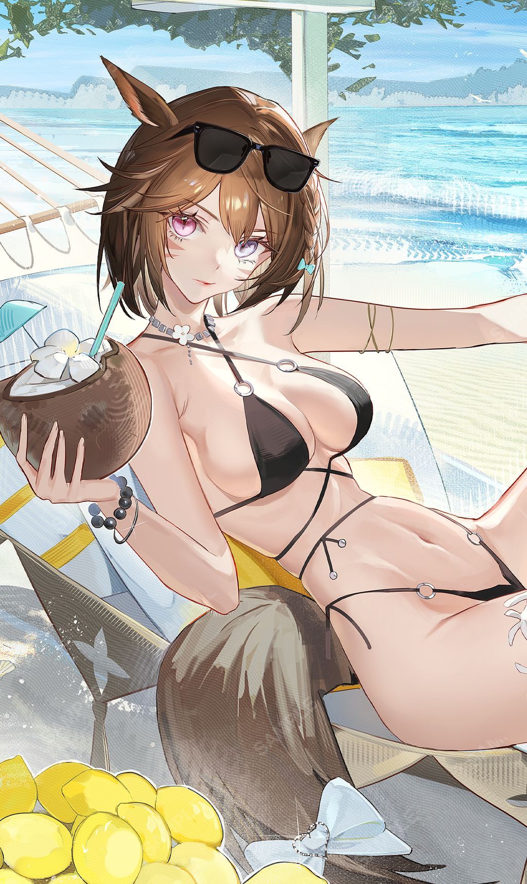 1girl, animal_ears, bikini, black_bikini, breasts, brown_hair, cat_ears, cat_girl, final_fantasy, final_fantasy_xiv, kirin55641, medium_breasts, miqo'te, navel, short_hair, swimsuit, tagme