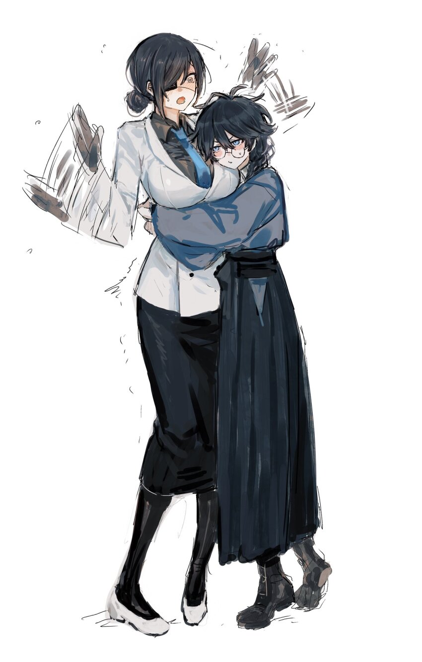 2girls, arms_around_another's_waist, black_hair, black_hakama, black_pantyhose, black_shirt, blue_eyes, blue_necktie