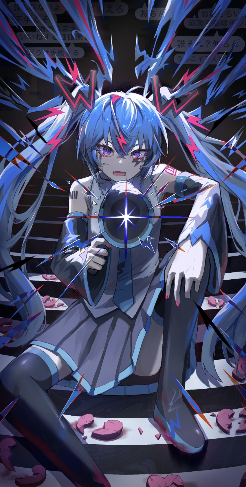 1girl, absurdres, arm_tattoo, bakeneko1212, black_skirt, blue_eyes, blue_hair, blue_necktie