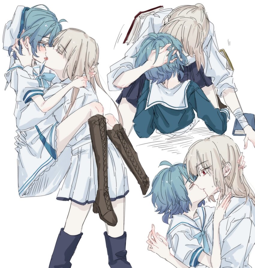 2girls, aquarium_wa_odoranai, blonde_hair, blue_eyes, blue_hair, blue_shirt, boots, brown_boots