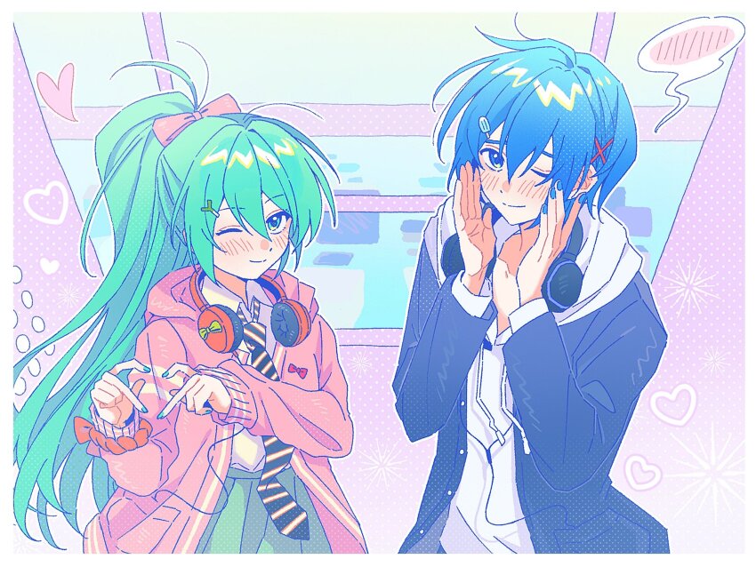 1boy, 1girl, aqua_eyes, aqua_hair, aqua_nails, black_jacket, blue_eyes, blue_hair