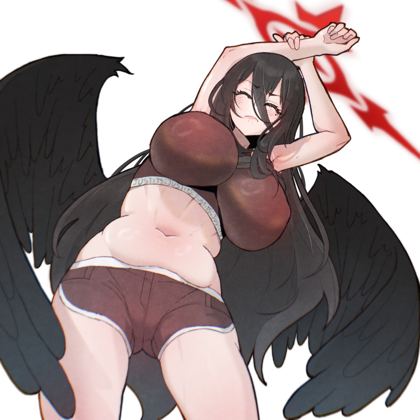 1girl, black_hair, black_wings, blue_archive, blush, bra, breasts, closed_eyes