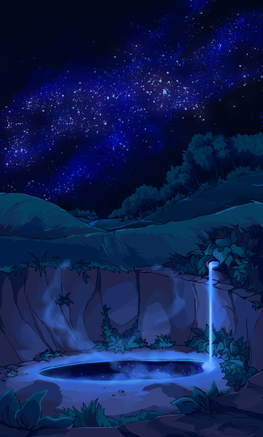 bush, commentary, english_commentary, glowing, grass, highres, in-universe_location, moonpool_(warrior_cats)