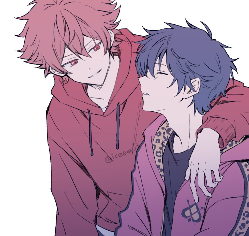 2boys, ace_trappola, arm_on_another's_shoulder, black_skirt, closed_eyes, commentary_request, deuce_spade, highres