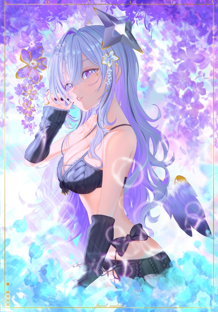 1girl, alternate_costume, amane_konata, angel_wings, arm_warmers, black_arm_warmers, black_bra, blush, bra, breasts, cleavage, feathered_wings, flower, grey_hair, grin, guuuuuu41, hair_flower, hair_ornament, halo, highres, hololive, large_breasts, long_hair, looking_at_viewer, mini_wings, multicolored_hair, nail_polish, pink_hair, purple_eyes, purple_flower, purple_hair, ribbed_bra, smile, solo, standing, star_halo, streaked_hair, tilted_halo, underwear, virtual_youtuber, wings