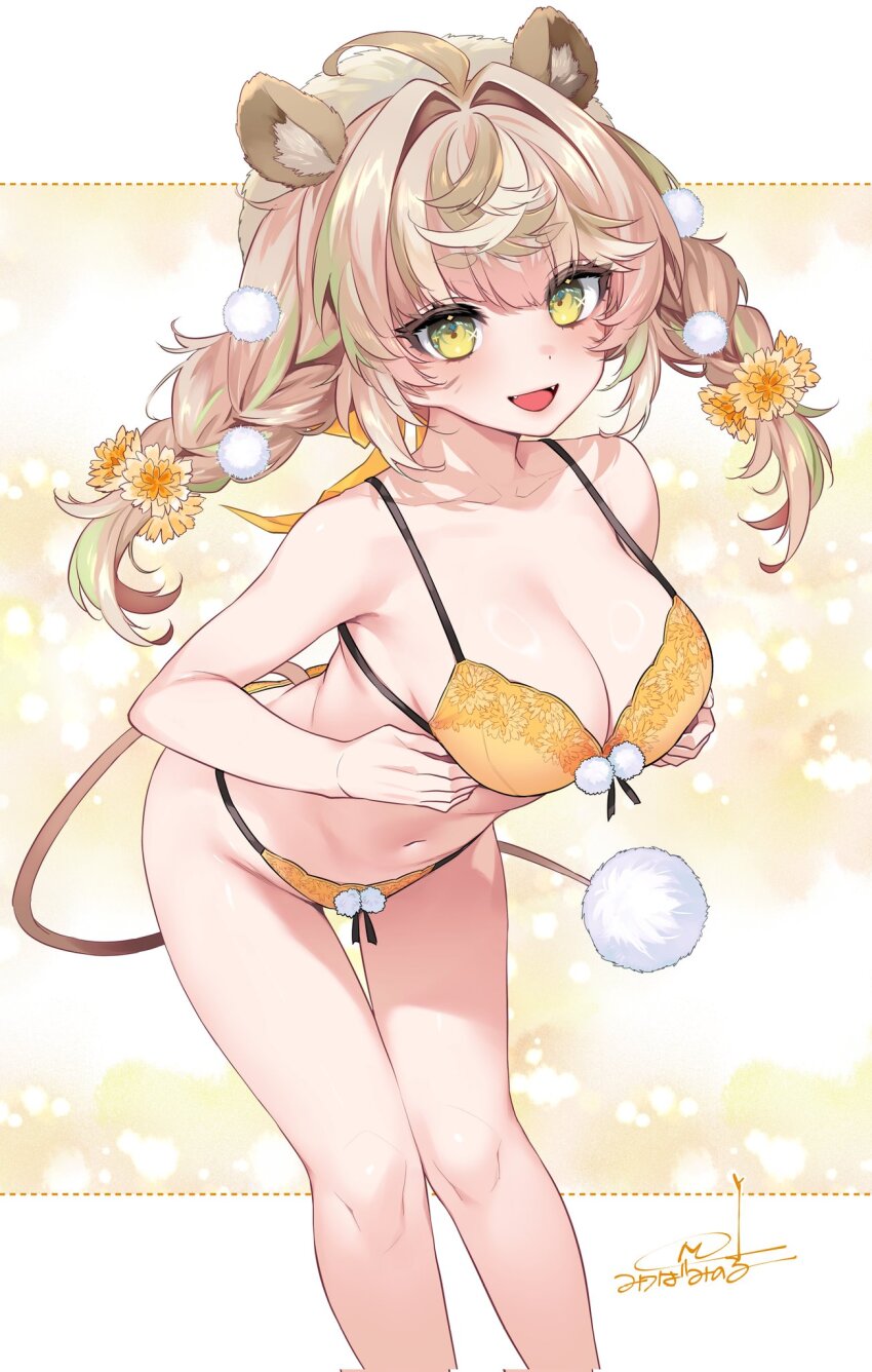 1girl, ahoge, animal_ear_fluff, animal_ears, bikini, blonde_hair, blush, boucing