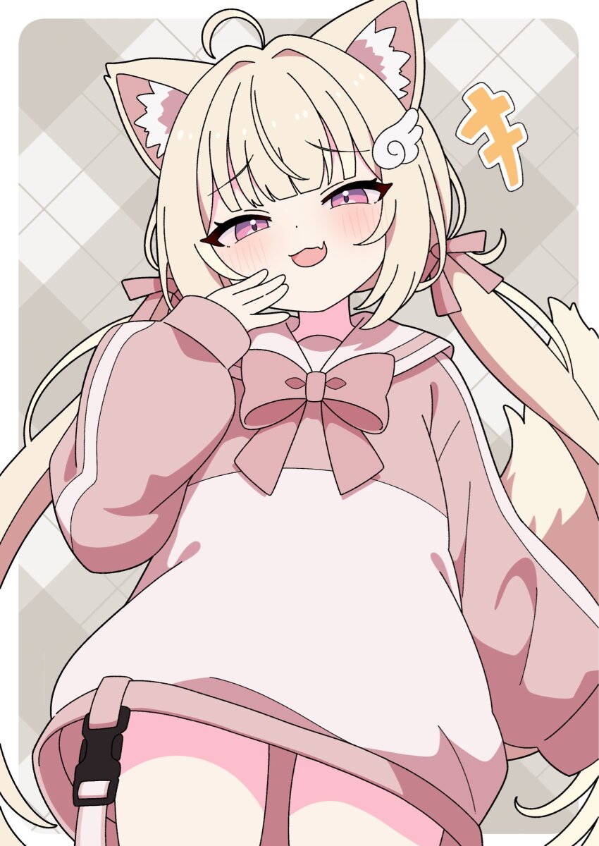 +++, 1girl, :d, ahoge, animal_ear_fluff, animal_ears, blonde_hair, blunt_bangs, blush, bow, bowtie, cat_ears, cat_girl, cat_tail, chiffon_(vrchat), commentary_request, cowboy_shot, hair_intakes, hand_up, highres, long_hair, long_sleeves, looking_at_viewer, low_twintails, mesugaki, open_mouth, pink_bow, pink_bowtie, pink_eyes, pink_shirt, shirt, smile, solo, tail, twintails, vrchat, yuu-kun_(inugamikenoy)