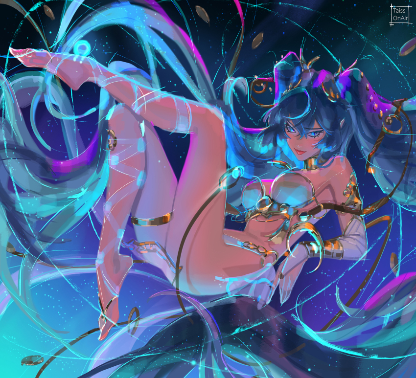 1girl, armlet, artist_name, bare_shoulders, barefoot, blue_eyes, blue_hair, bra, bracelet, chain, circlet, coin, commentary, earrings, english_commentary, feet, gold, gold_armlet, gold_bracelet, gold_chain, gold_choker, gold_circlet, gold_coin, gold_earrings, gold_hairband, gold_necklace, hairband, half-sleeves, high_ponytail, highres, iuno_(wuthering_waves), jewelry, long_hair, necklace, paid_reward_available, panties, ponytail, solo, space, tatti_art, underwear, variant_set, very_long_hair, white_bra, white_panties, wuthering_waves