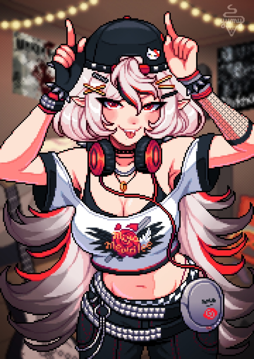 1girl, alt_text, armpits, black_gloves, blurry, bracelet, breasts, cleavage, commentary, cowboy_shot, crop_top, depth_of_field, english_commentary, fingerless_gloves, gloves, headphones, headphones_around_neck, highres, indie_virtual_youtuber, indoors, jewelry, large_breasts, linkin_park, looking_at_viewer, midriff, miya_mewrilee, navel, pixel_art, pointy_ears, red_eyes, second-party_source, single_glove, smile, spiked_bracelet, spikes, tongue, tongue_out, yumykon