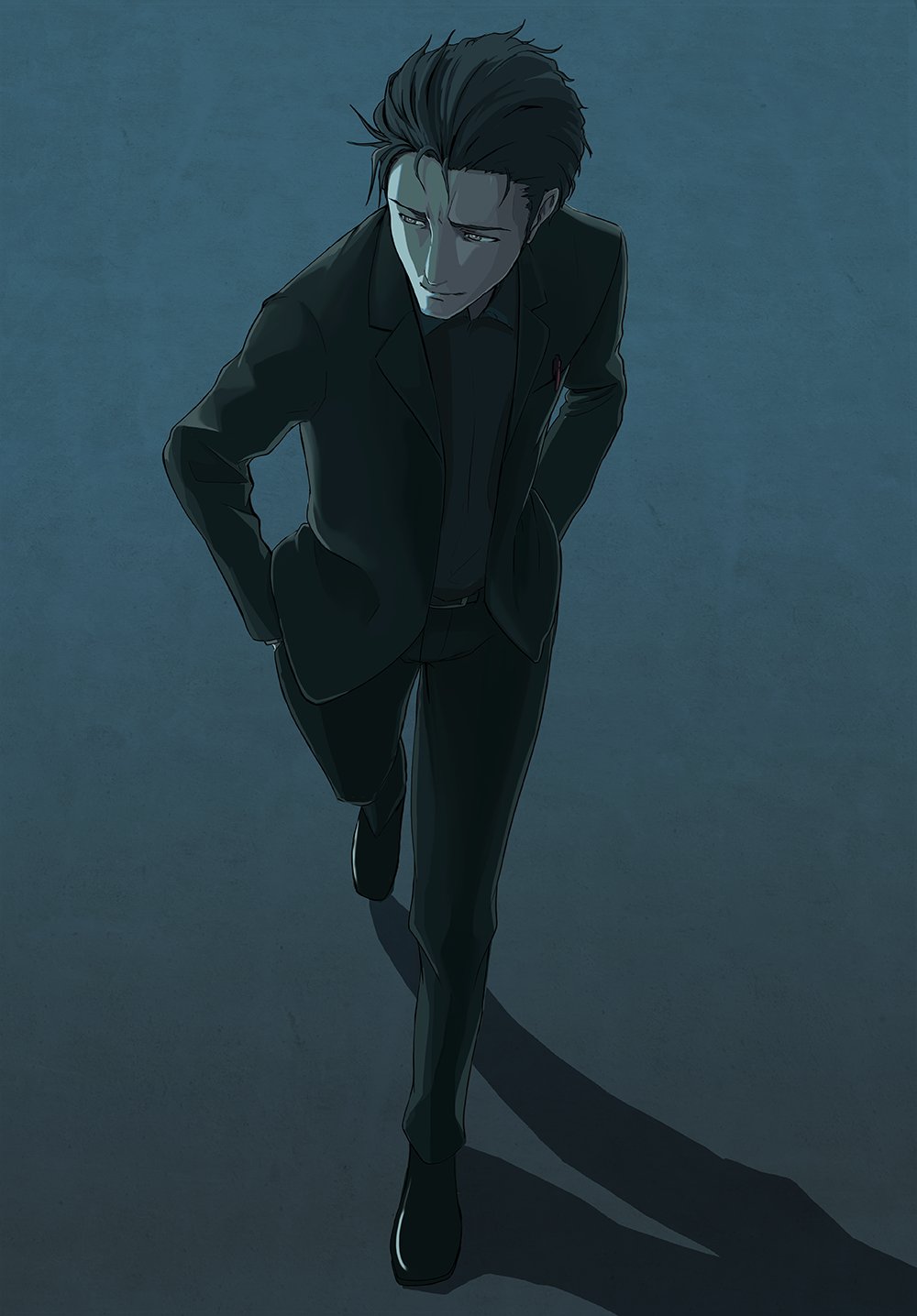 1boy, black_hair, black_jacket, black_pants, black_shirt, black_shoes, commentary, dress_shirt