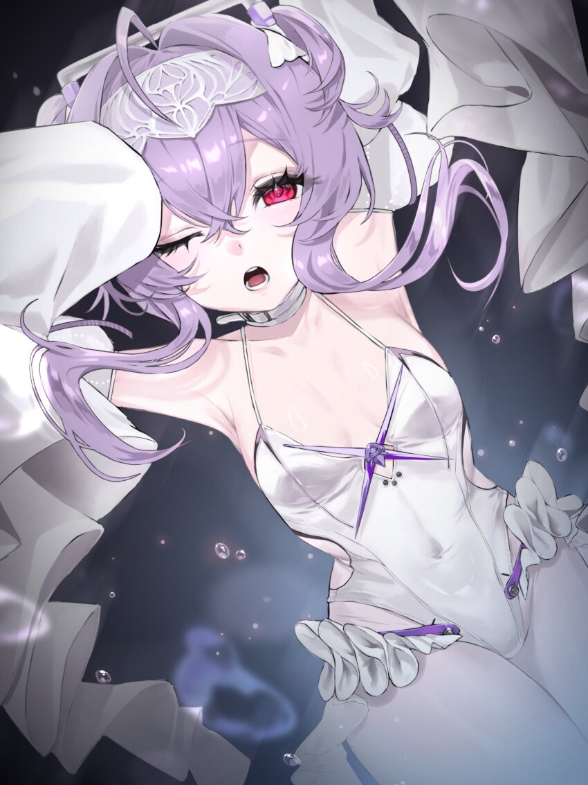 1girl, absurdres, ahoge, air_bubble, armpits, arms_up, breasts, bubble