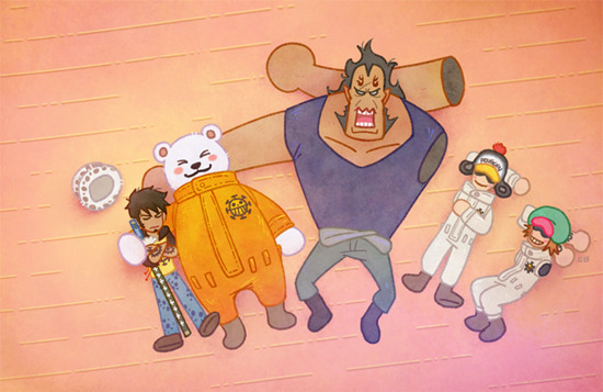5boys, bear, beard, bepo_(one_piece), black_hair, blush_stickers, boots, chibi