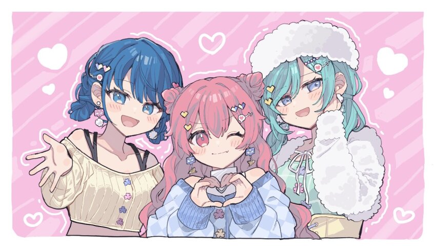 3girls, :d, ;), blue_eyes, blue_hair, blue_sweater, blush, braid, breasts, chase_my_ideal_idol!_(project_sekai), checkered_sweater, closed_mouth, clover, collarbone, commentary_request, cone_hair_bun, corset, cropped_sweater, double_bun, dress, earrings, envelope_earrings, fang, fur_hat, fur_jacket, green_dress, hair_between_eyes, hair_bun, hair_ornament, hairclip, hand_on_own_cheek, hand_on_own_face, hand_up, hands_up, hat, heart, heart_hair_ornament, heart_hands, hinomori_shizuku, jacket, jewelry, kawa_donburako, kiritani_haruka, long_hair, long_sleeves, looking_at_viewer, medium_breasts, mole, mole_under_mouth, momoi_airi, multiple_girls, neck_ribbon, off-shoulder_sweater, off_shoulder, official_alternate_costume, official_alternate_hairstyle, one_eye_closed, open_mouth, paper_airplane, pink_background, pink_eyes, pink_hair, pixel_heart, pom_pom_(clothes), pom_pom_earrings, project_sekai, ribbed_sweater, ribbon, shirt, short_hair, sidelocks, skin_fang, sleeveless, sleeveless_shirt, small_breasts, smile, spaghetti_strap, spoken_heart, sweater, turtleneck, turtleneck_shirt, upper_body, wavy_hair, white_hair, white_jacket, white_ribbon, white_shirt, yellow_corset, yellow_sweater
