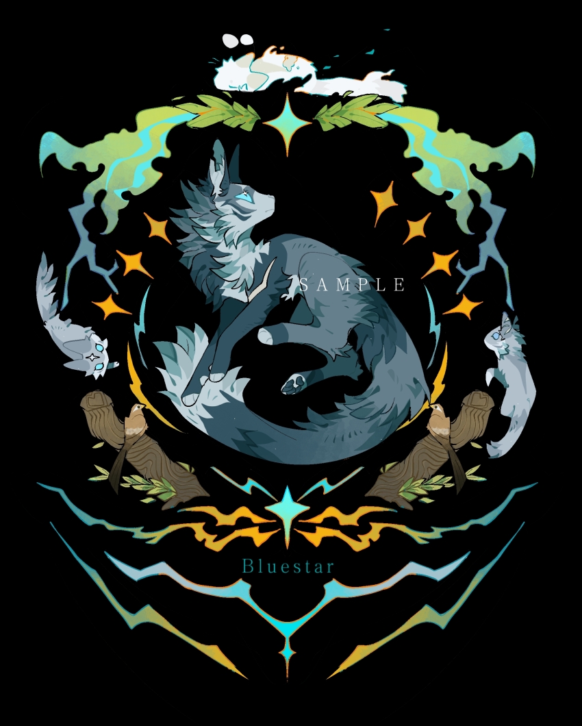 absurdres, animal, animal_focus, baby_animal, bird, black_background, blue_eyes, bluestar_(warrior_cats), cat, character_name, chinese_commentary, commentary, flat_color, from_side, full_body, grey_cat, highres, implied_death, kitten, mistystar, mosskit, no_humans, pawpads, sample_watermark, scar, simple_background, skegliuding, solo_focus, starclan_(warrior_cats), stonefur, the_prophecies_begin, warrior_cats, watermark