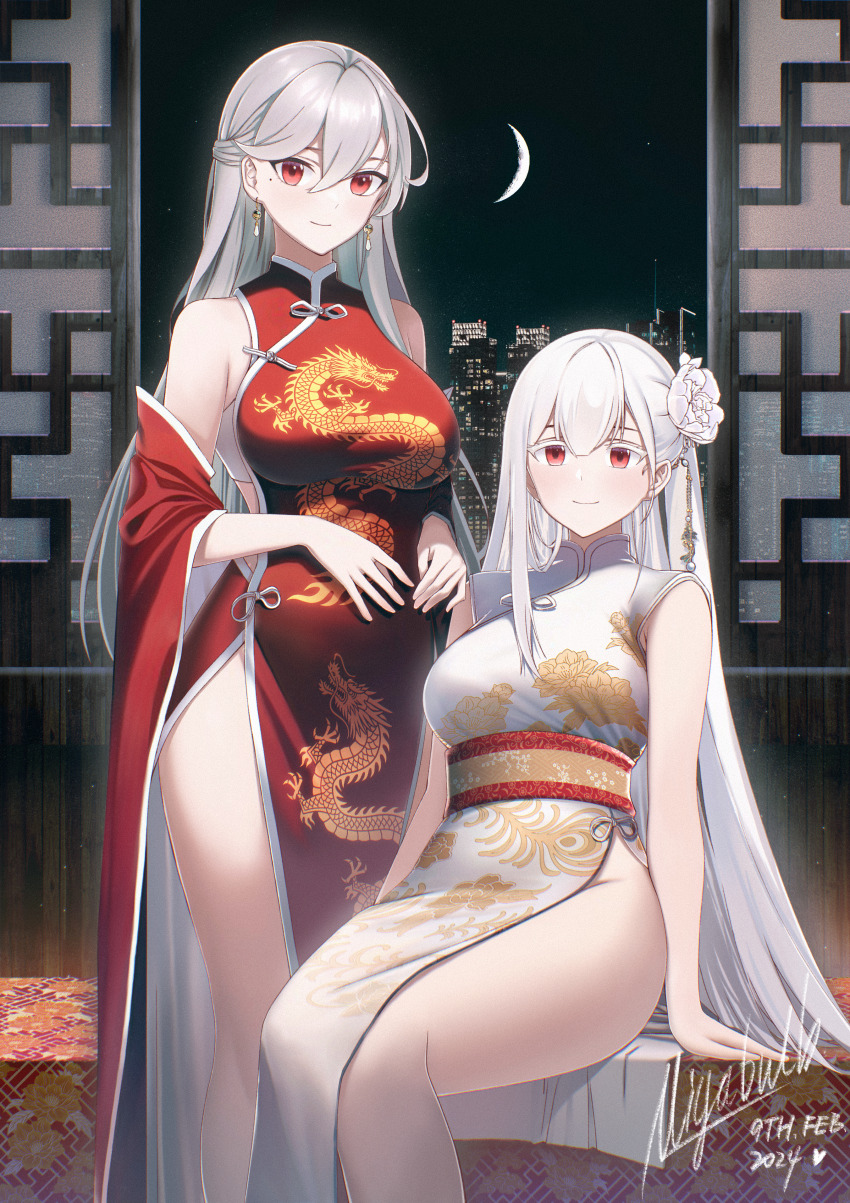 2024, 2girls, absurdres, bare_shoulders, breasts, china_dress, chinese_clothes, chinese_zodiac