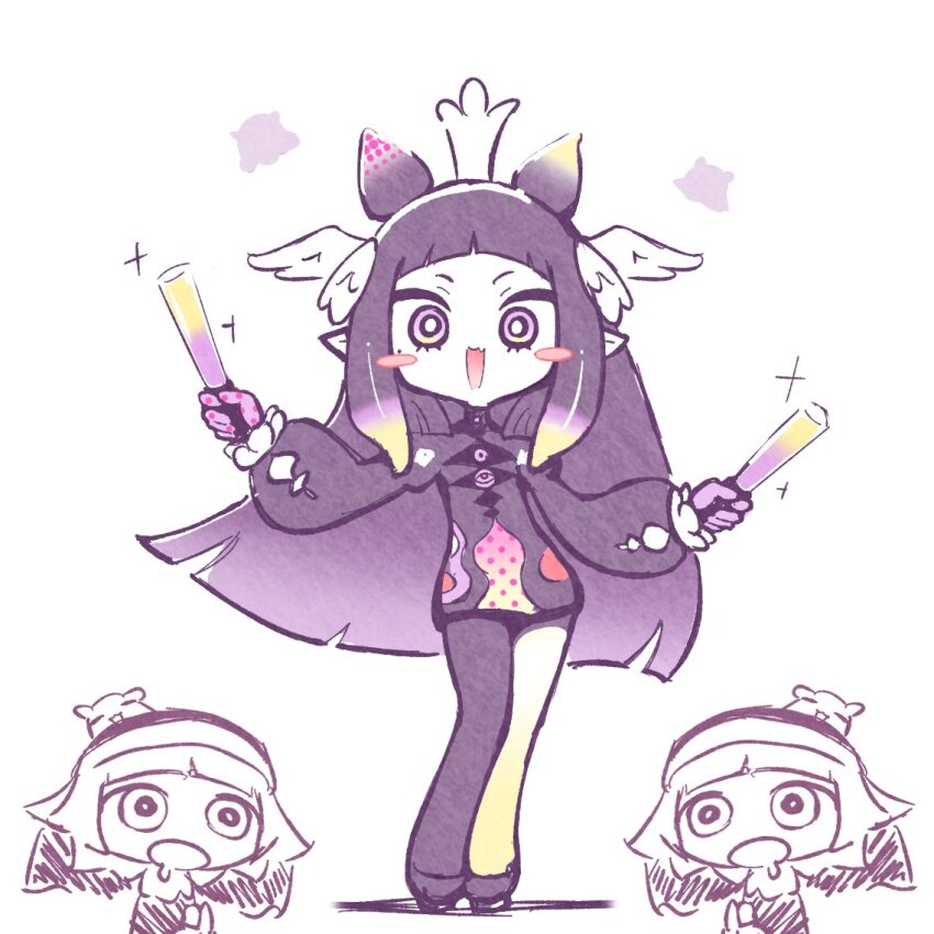 asymmetrical_legwear, blush_stickers, commentary_request, crown, drooling, fang, gloves, glowstick