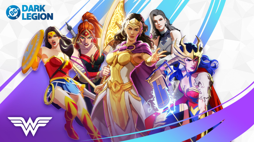 5girls, artemis_of_bana-mighdall, black_hair, blue_eyes, boots, brown_hair, commentary, dc:_dark_legion