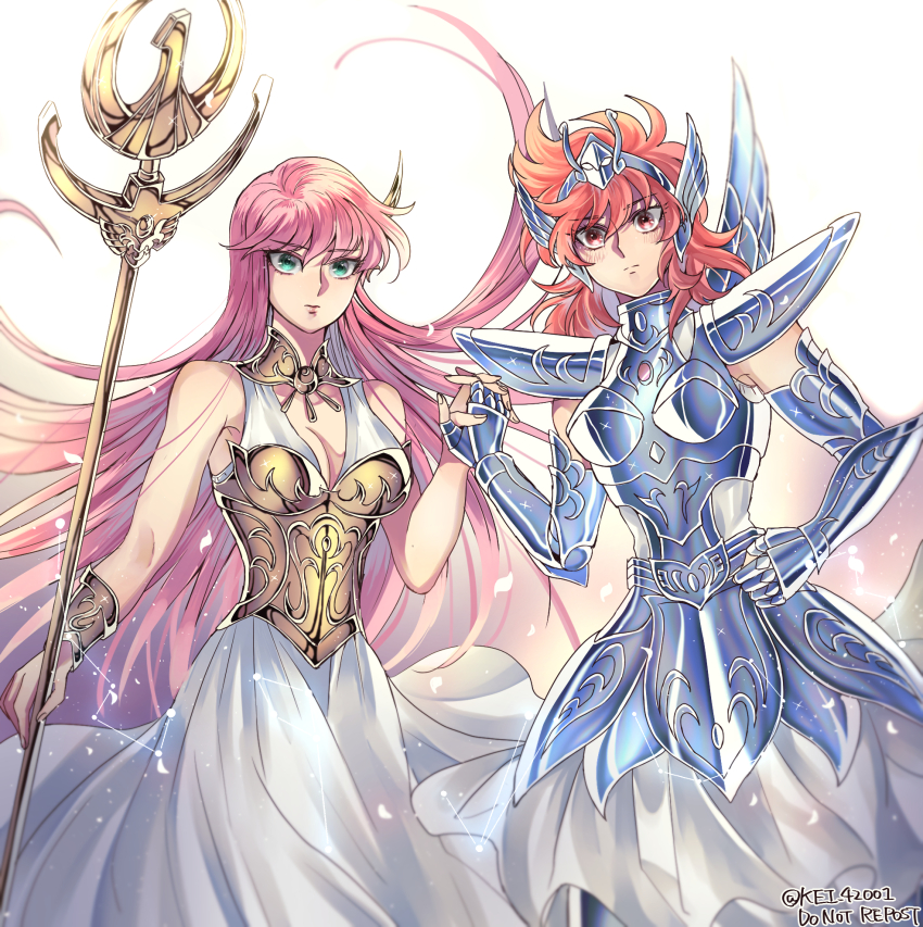 2girls, armor, armored_dress, athena_(saint_seiya), blue_eyes, bodice, bracelet, breastplate