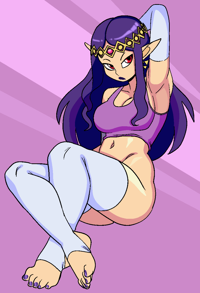 1girl, alternate_costume, arm_behind_head, armpits, bottomless, breasts, circlet, contemporary