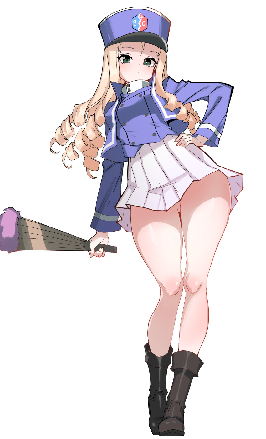 1girl, absurdres, bc_freedom_(emblem), bc_freedom_military_uniform, black_boots, blonde_hair, blue_hat, blue_jacket