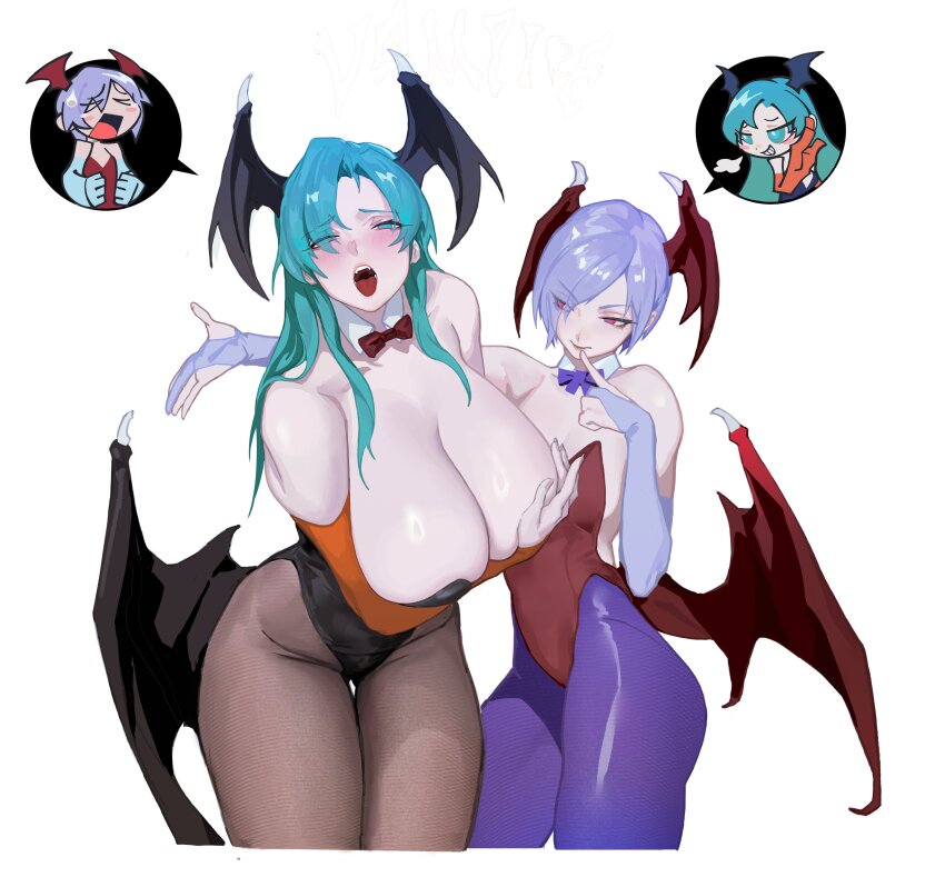 2girls, absurdres, alternate_costume, bare_shoulders, bent_over, black_leotard, black_pantyhose, black_wings