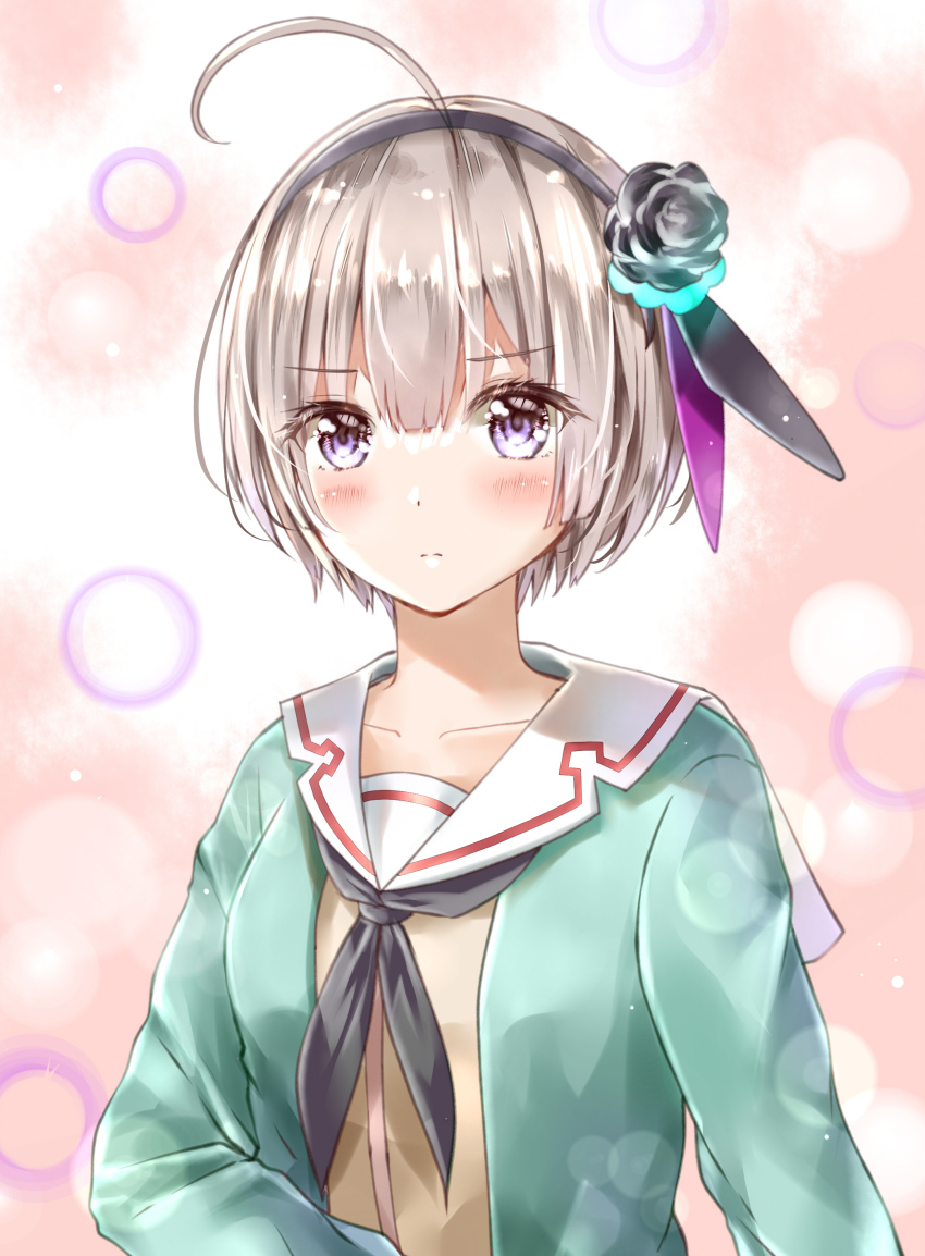 1girl, absurdres, ahoge, ayaro_(genkiloobaii), black_flower, black_hairband, black_neckerchief, black_ribbon