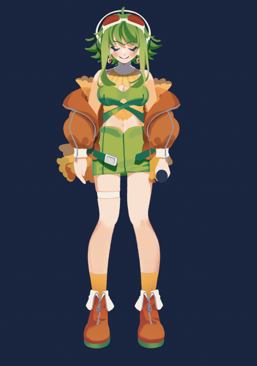 1girl, animated, animated_gif, blue_background, commentary, english_commentary, goggles, green_eyes, green_hair, gumi, gumi_(a.i._voice), gumi_(ai_megpoid), gumi_(sv), gumi_(v3_megpoid), gumi_(v4_megpoid), highres, holding, holding_microphone, microphone, official_alternate_costume, original, peedee_(pidi), spotlight, vocaloid