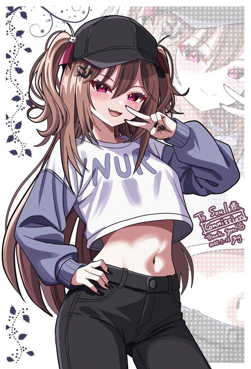 1girl, absurdres, black_hat, black_nails, black_pants, broken_heart, broken_heart_hair_ornament, brown_hair, closed_mouth, commission, cowboy_shot, cropped_shirt, evil_neuro-sama, fang, hair_between_eyes, hair_ribbon, hand_on_own_hip, hat, heart, highres, long_hair, long_sleeves, looking_at_viewer, midriff, nail_polish, navel, neuro-sama, open_mouth, pants, red_eyes, red_ribbon, ribbon, shirt, skeb_commission, skin_fang, smile, solo, standing, timestamp, two_side_up, v, vedal_ai, virtual_youtuber, white_shirt, yanapy, zoom_layer