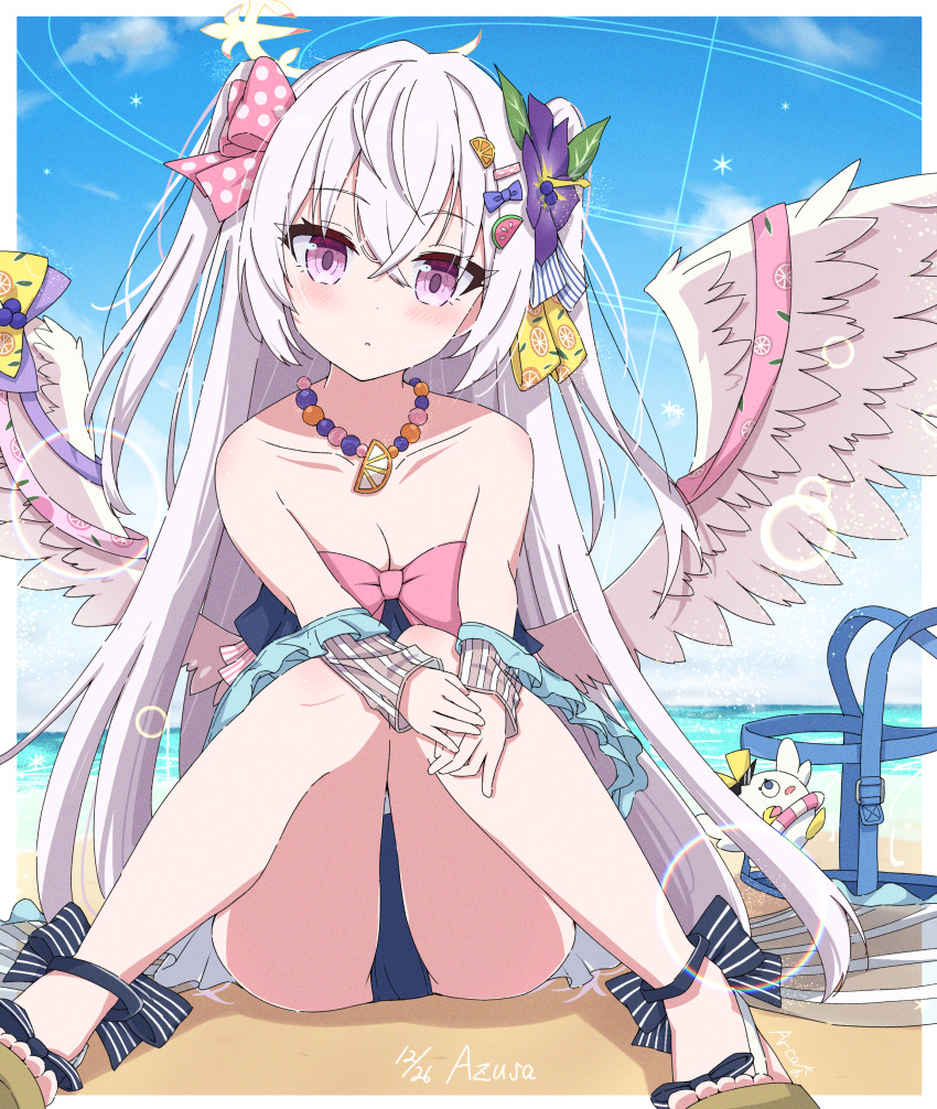 1girl, absurdres, artist_name, azusa_(blue_archive), azusa_(swimsuit)_(blue_archive), beach, bead_necklace, beads