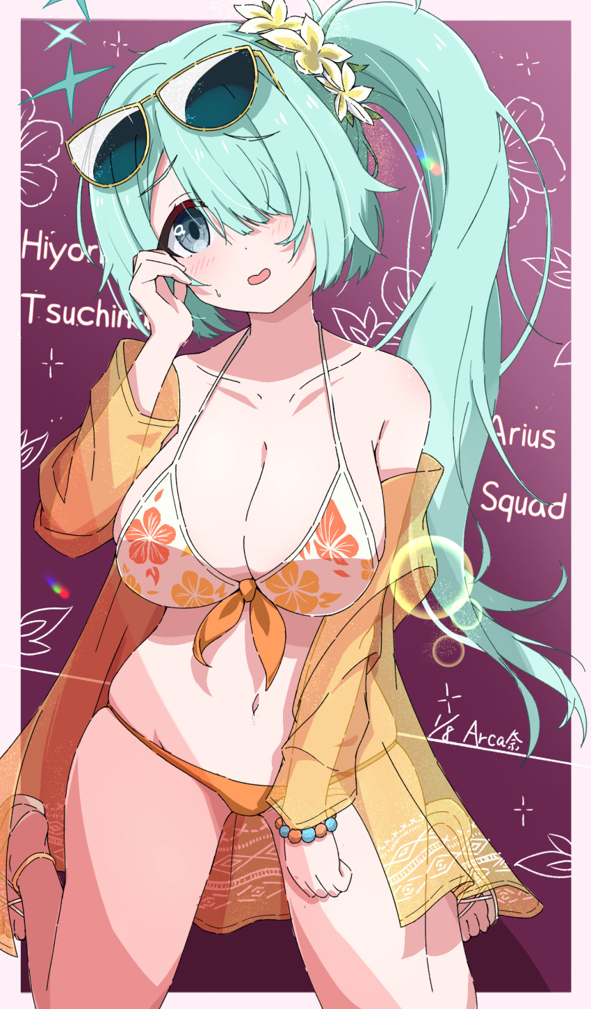 1girl, bare_shoulders, bead_bracelet, beads, bikini, blue_archive, blush, border, bracelet, breasts, character_name, cleavage, collarbone, commentary_request, curvy, eyewear_on_head, floral_print, floral_print_bikini, flower, foolforpriconne, furrowed_brow, green_hair, green_halo, grey_eyes, hair_flower, hair_ornament, hair_over_one_eye, halo, halterneck, hand_up, head_tilt, highres, hiyori_(blue_archive), hiyori_(swimsuit)_(blue_archive), jacket, jewelry, kneeling, knees_out_of_frame, large_breasts, long_bangs, long_hair, long_sleeves, looking_at_viewer, multicolored_bikini, navel, official_alternate_costume, official_alternate_hairstyle, one_eye_covered, open_clothes, open_jacket, open_mouth, orange_bikini, orange_jacket, outside_border, print_bikini, purple_background, sandals, see-through_clothes, see-through_jacket, side_ponytail, sidelocks, simple_background, skindentation, smile, solo, stomach, sunglasses, sweatdrop, swimsuit, tareme, thighs, two-tone_bikini, very_long_hair, white_bikini, white_border, white_flower