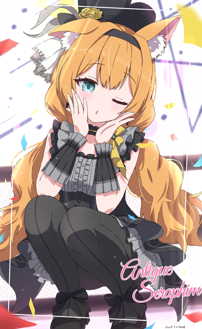 1girl, absurdres, animal_ear_fluff, animal_ears, artist_name, black_bow, black_dress, black_hat