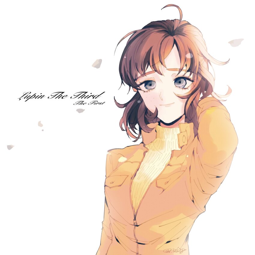 1girl, arm_behind_head, arm_up, artist_name, ashi_8, blunt_bangs, blush, brown_hair