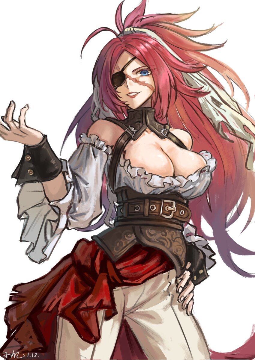 1girl, ahoge, baixiang1234567, bare_shoulders, belt, blue_eyes, breasts, brown_belt, cleavage, commentary_request, dated, detached_sleeves, eyepatch, fate/grand_order, fate_(series), francis_drake_(fate), francis_drake_(stormy_seas_outfit)_(fate), grin, hand_on_own_hip, highres, large_breasts, long_hair, looking_at_viewer, official_alternate_costume, pants, pink_hair, ponytail, scar, scar_on_face, smile, solo, white_pants