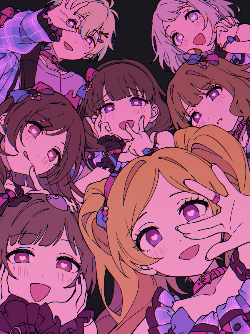 1boy, 6+girls, absurdres, bandaid, bandaid_on_finger, bandaid_on_hand, bandaid_on_neck, black_shirt, black_wrist_cuffs, blonde_hair, blue_bow, blue_jacket, blue_shirt, blue_streaks, bow, bracelet, bright_pupils, brown_hair, character_request, choker, commentary_request, company_connection, emily_stewart, fingernails, frilled_wrist_cuffs, frills, gakuen_idolmaster, group_picture, hair_bow, hakozaki_serika, hanazono_momohito, hand_up, heart, heart-shaped_pupils, highres, idolmaster, idolmaster_cinderella_girls, idolmaster_million_live!, idolmaster_million_live!_theater_days, idolmaster_side-m, jacket, jewelry, katsuragi_lilja, long_hair, long_sleeves, looking_at_viewer, medium_hair, multicolored_bow, multicolored_hair, multiple_girls, niyororinpayamaru, open_mouth, osaki_amana, own_hands_clasped, own_hands_together, parted_bangs, pink_bow, pink_choker, pink_eyes, plaid_clothes, plaid_jacket, purple_eyes, sakuma_mayu, shirt, short_hair, sidelocks, streaked_hair, suou_momoko, swept_bangs, symbol-shaped_pupils, tongue, tongue_out, twintails, upper_body, wavy_hair, white_hair, wispy_bangs, wrist_belt, wrist_cuffs