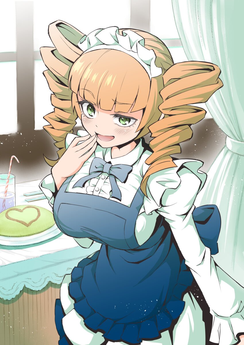 1girl, absurdres, apron, blonde_hair, blue_apron, blue_bow, blue_bowtie, bow