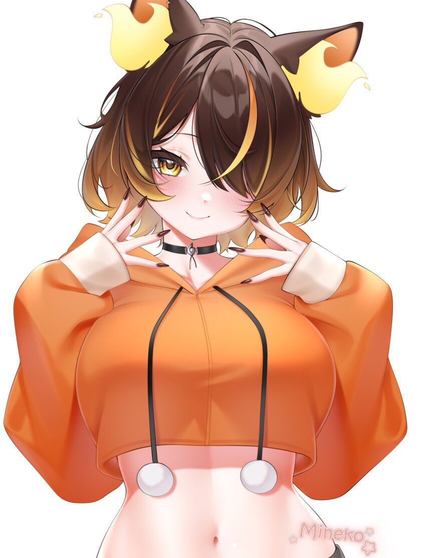 1girl, animal_ears, artist_name, black_nails, blush, breasts, brown_hair, choker, commentary, cropped_jacket, hair_over_one_eye, highres, hood, hooded_jacket, indie_virtual_youtuber, jacket, large_breasts, looking_at_viewer, midriff, minekoart, multicolored_hair, navel, orange_eyes, orange_hair, orange_jacket, short_hair, sinder_(pyro_pajamas)_(vtuber), sinder_(vtuber), smile, solo, streaked_hair, untranslatable_commentary, virtual_youtuber, white_background, wolf_ears, wolf_girl
