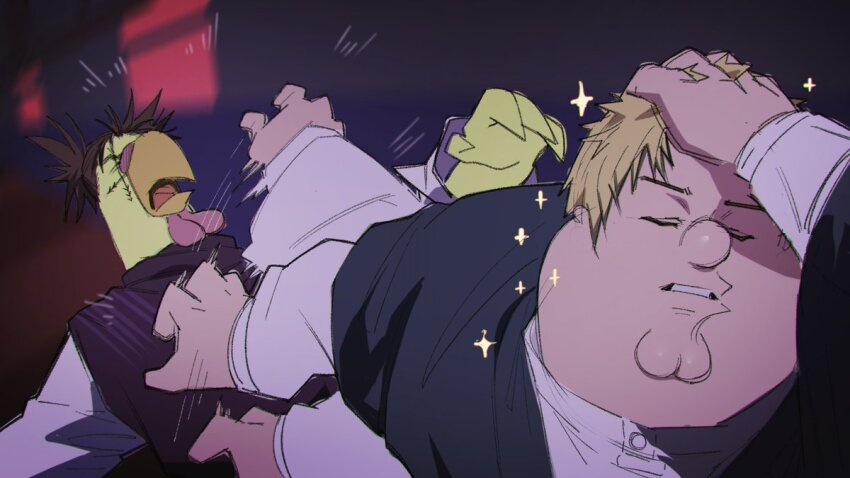 2boys, adjusting_hair, beak, bird_boy, blonde_hair, brown_hair, choso_(jujutsu_kaisen), cleft_chin, closed_eyes, commentary, english_commentary, ernie_the_giant_chicken, family_guy, fat, fat_man, fighting, jab, jujutsu_kaisen, kowai_(iamkowai), meme, multiple_boys, naoya_hitting_choso_without_looking_(meme), parted_lips, peter_griffin, scene_reference, short_twintails, sparkle, twintails, zen'in_naoya