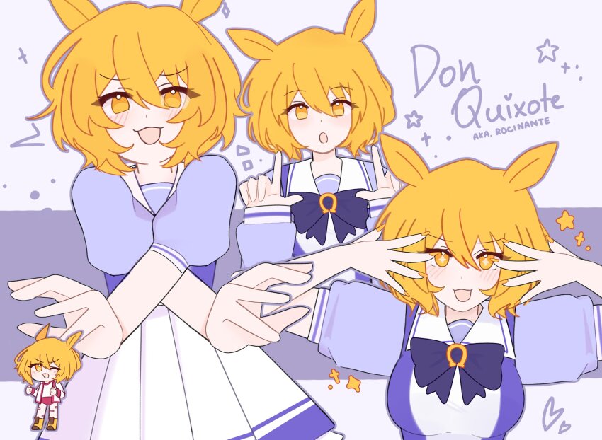 +_+, 1girl, :3, :o, animal_ears, blonde_hair, blush_stickers, bob_cut, borrowed_clothes, bow, bowtie, breasts, character_name, chibi, commentary, cosplay, cowboy_shot, don_quixote_(project_moon), english_commentary, fufiich, hands_up, haru_urara_(umamusume), haru_urara_(umamusume)_(cosplay), highres, horse_ears, horse_girl, horseshoe_ornament, kemonomimi_mode, limbus_company, long_sleeves, looking_at_viewer, medium_breasts, multiple_views, nail_polish, pleated_skirt, project_moon, puffy_long_sleeves, puffy_short_sleeves, puffy_sleeves, purple_bow, purple_bowtie, purple_shirt, sailor_collar, sailor_shirt, school_uniform, shirt, short_hair, short_sleeves, skirt, tracen_school_uniform, umamusume, upper_body, white_skirt, yellow_eyes, yellow_nails