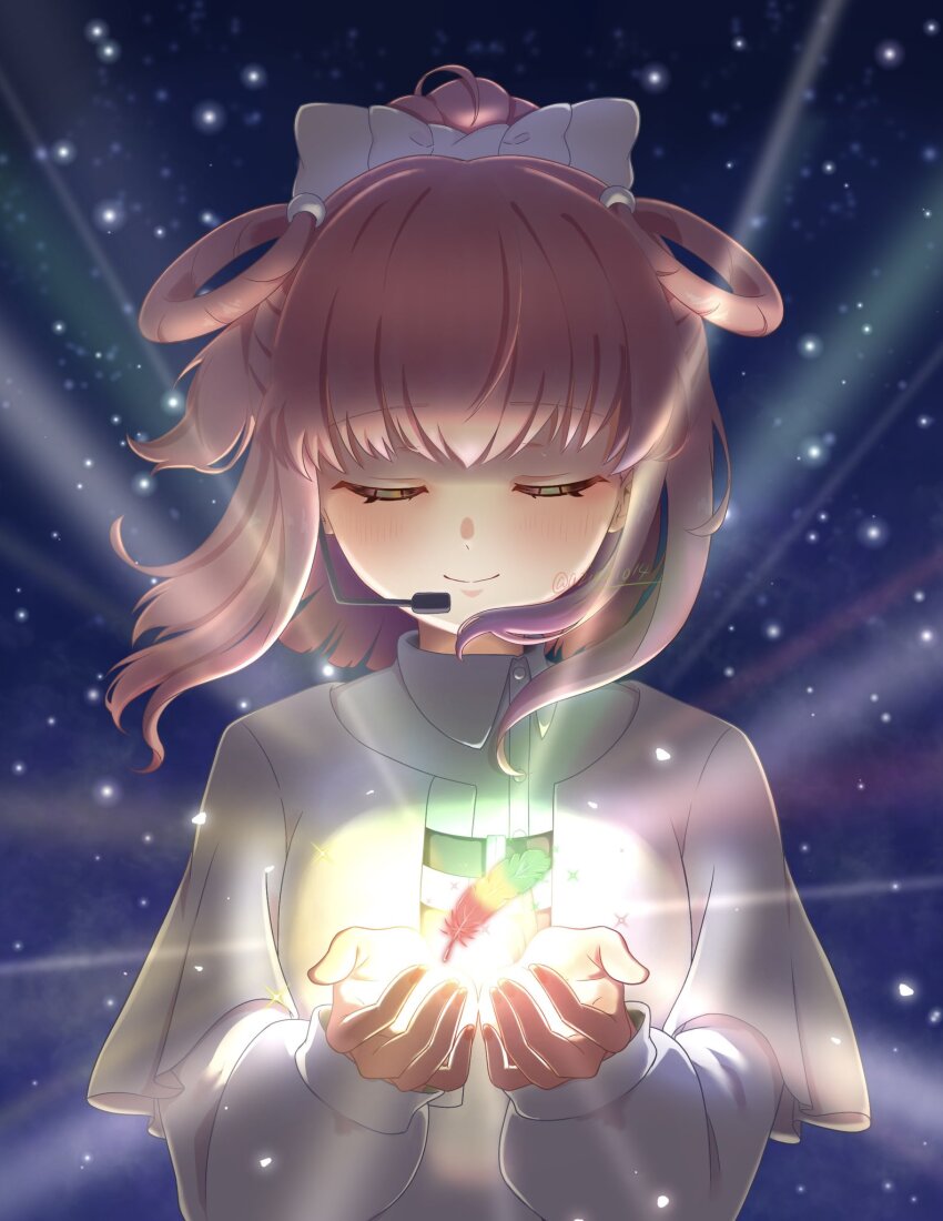 1girl, aziazi014, bow, closed_eyes, closed_mouth, commentary, english_commentary, glowing_feather