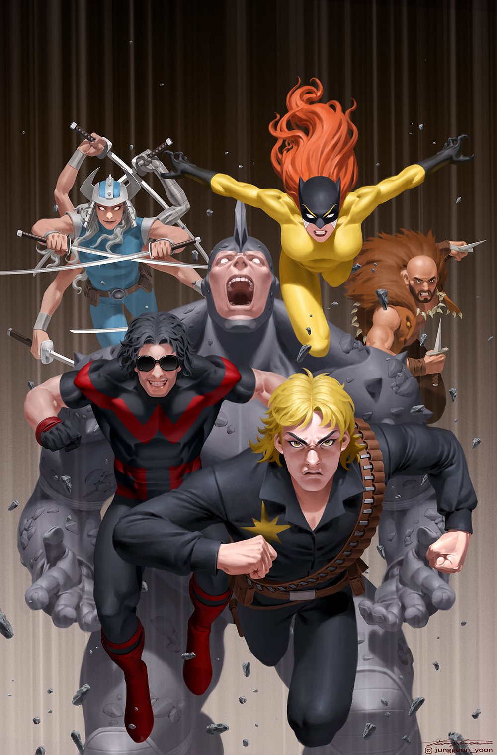 2girls, 4boys, armor, bald, bandolier, belt, black_gloves, black_hair