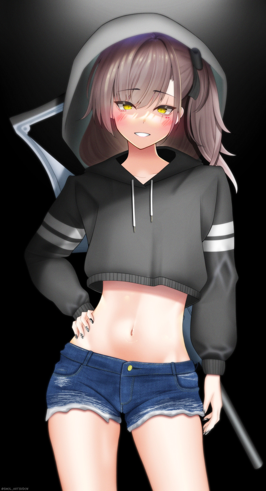 1girl, 45sensei, absurdres, black_background, black_bow, black_hoodie, blush, bow