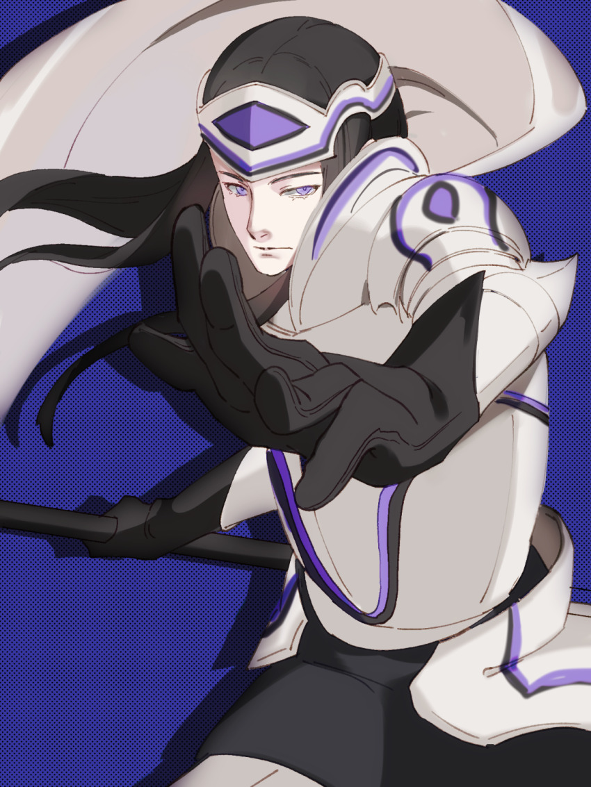 1boy, armor, black_gloves, black_hair, blue_background, c1edra, cape, closed_mouth