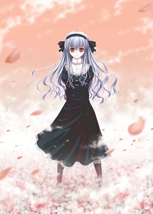 1girl, albino, araki_maki, arms_behind_back, black_pantyhose, bow, cherry_blossoms, cloud, dress, female_focus, field, flat_chest, flower, frills, gothic_lolita, hair_bow, hairband, ima_(saihate_no_ima), lolita_fashion, long_hair, looking_at_viewer, motion_blur, official_art, outdoors, pantyhose, petals, red_eyes, saihate_no_ima, sky, solo, standing, turtleneck, wavy_hair, white_hair, wind