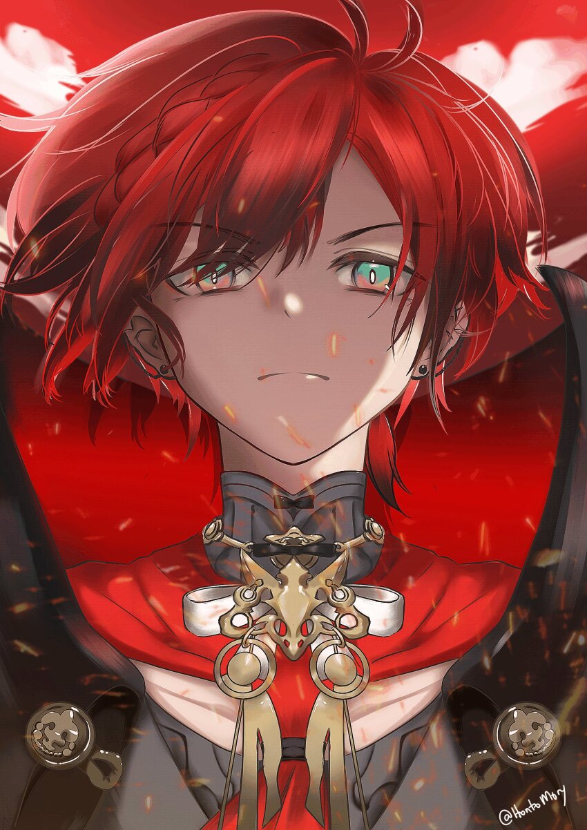1boy, absurdres, bishounen, black_cape, cape, closed_mouth, ear_piercing, green_eyes, hair_between_eyes, highres, holostars, holostars_english, hontomory, jewelry, looking_at_viewer, machina_x_flayon, machina_x_flayon_(3rd_costume), male_focus, necklace, piercing, portrait, red_hair, short_hair, signature, simple_background, solo, upper_body, virtual_youtuber